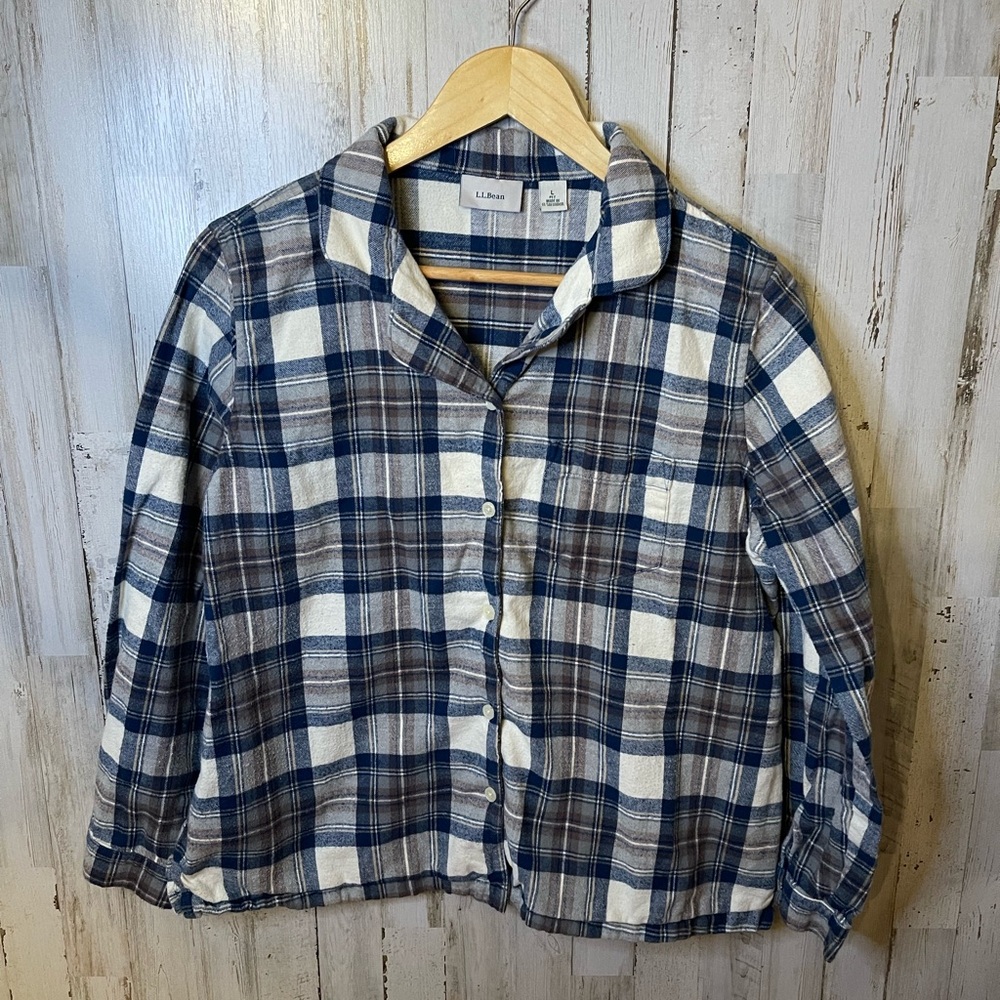 GUC Women’s L.L. Bean Plaid Flannel Pajama Top Button Shirt Size Large Petite